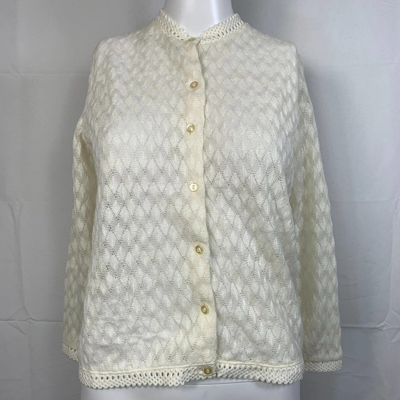 VTG Eileen Cardigan Womens Sz XS Ivory Lightweight Crochet Sweater - Picture 2 of 9